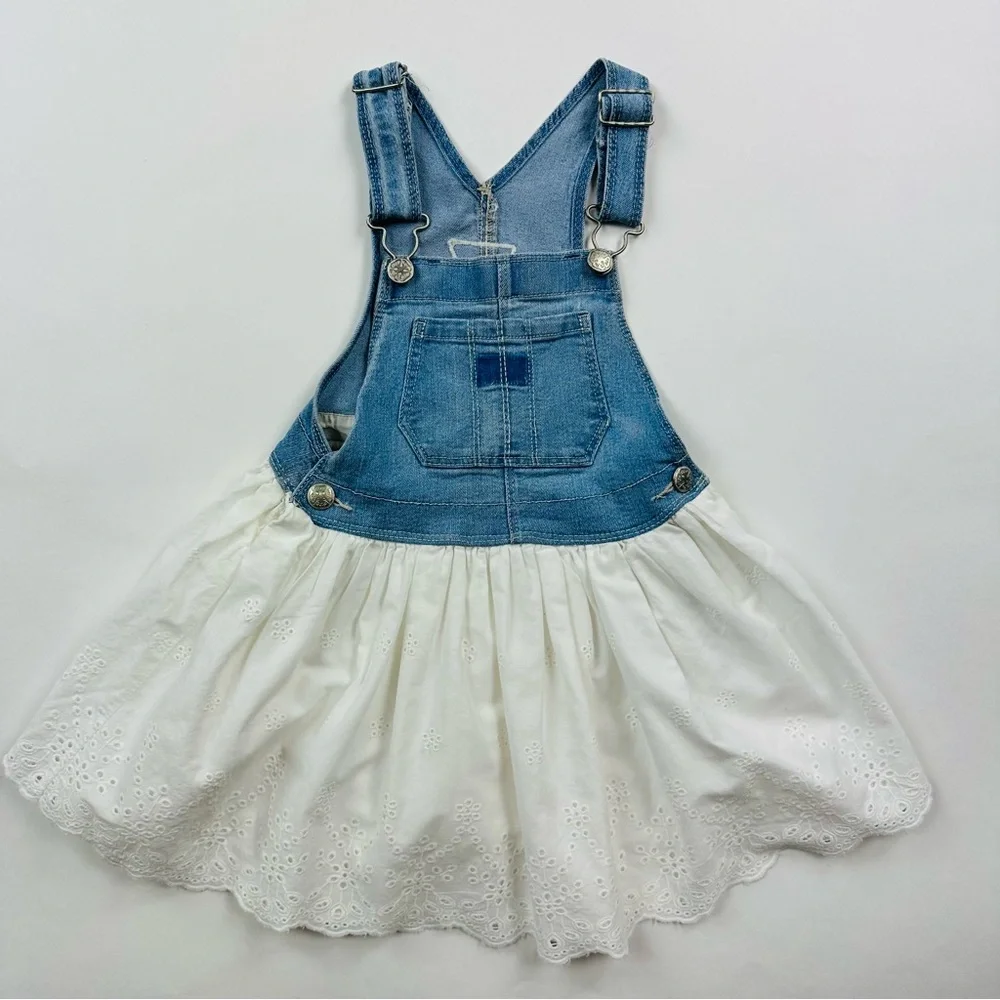 Osh Kosh B’Gosh Denim White Eyelet Dress Overalls Size 4T